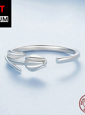 百搭小清新浪漫郁金香花朵开口戒s925纯银镀白金可调节戒指饰品女