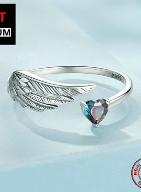 饰品跨境新款翅膀羽毛开口戒可调节s925纯银氧化款爱心戒指女饰品