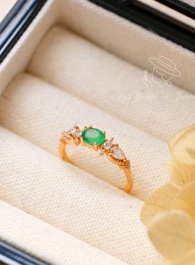 岚山私语 新中式古典复古气质轻奢S925纯银镀14K金绿玉髓戒指环