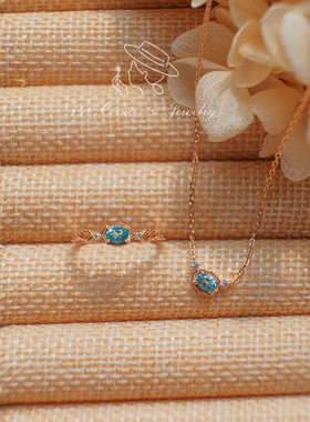 日系小众复古气质水蓝色磷灰石925银镀金戒指环小坠子项链锁骨链