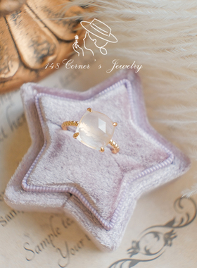 日系清新甜美简约天然樱花粉水晶芙蓉石招桃花925银方块开口戒指