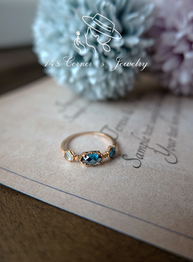 气质蓝色几何锆石纯银镀金戒指环