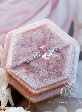 粉黛甜茶 法式复古气质甜美优雅淡粉天然摩根石925银开口戒指环