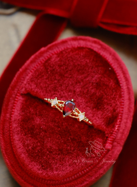 绯红 复古气质中式显白红莫桑比石榴石925纯银镀金菱形戒指环