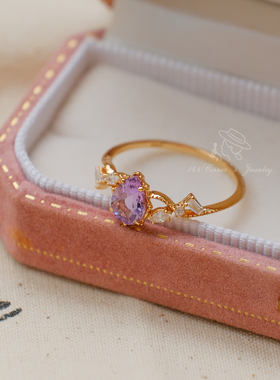 薰衣草晨露 优雅气质个性天然紫水晶白锆石925纯银镀K金戒指环