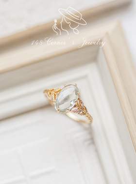 日系天然绿水晶树叶纹纯银戒指