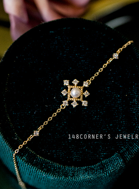 日系复古雪花锆钻银镀金淡水珍珠