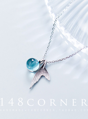 甜美风人鱼的眼泪蓝色纯银项链