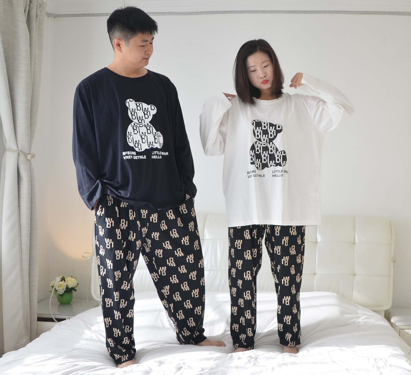 加大码卡通熊情侣睡衣男女春秋长袖圆领纯棉胖MM休闲家居服200斤,淘宝优惠券,粉丝福利购,淘宝优惠卷