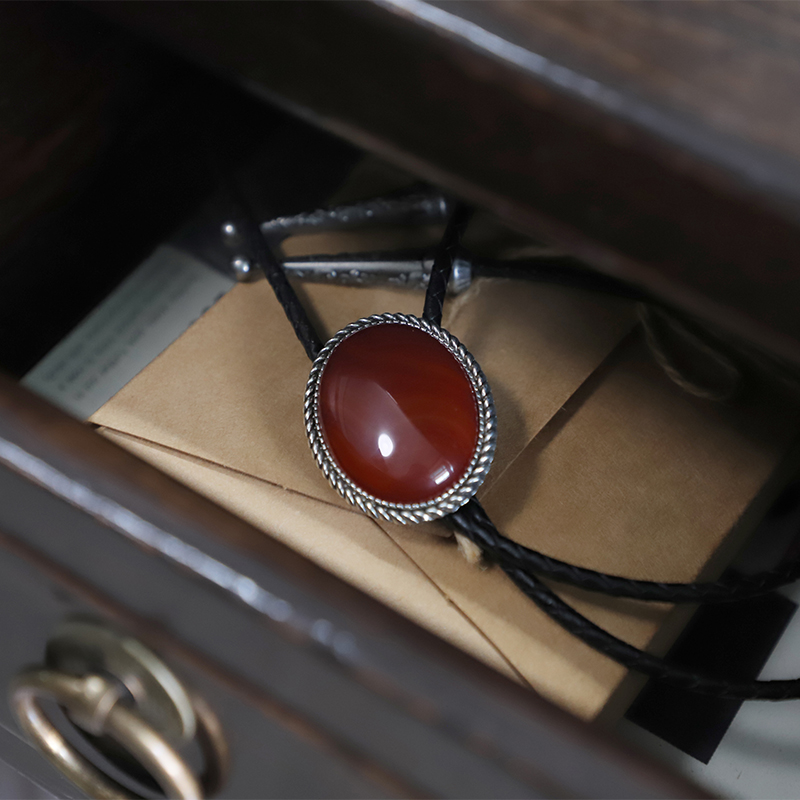 朱砂痣 复古红色沁色水纹玛瑙大款波洛领带男西部牛仔BOLO TIE潮 - 图2