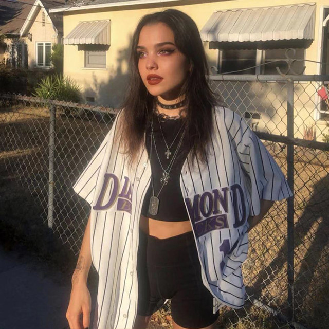 Vintage Wen American retro white striped baseball short-sleeved shirt ins women's loose sports T-shirt titanium