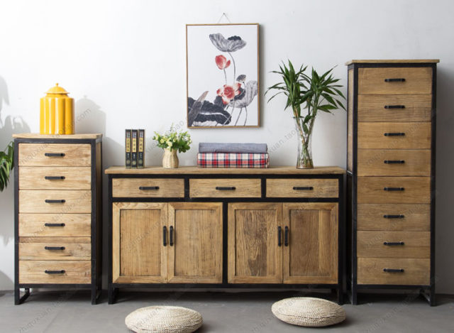 American retro style distressed iron solid wood storage cabinet