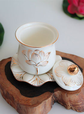 包邮精品白玉陶瓷莲花水杯家用供奉观音财神浮雕描金加盖大中小号