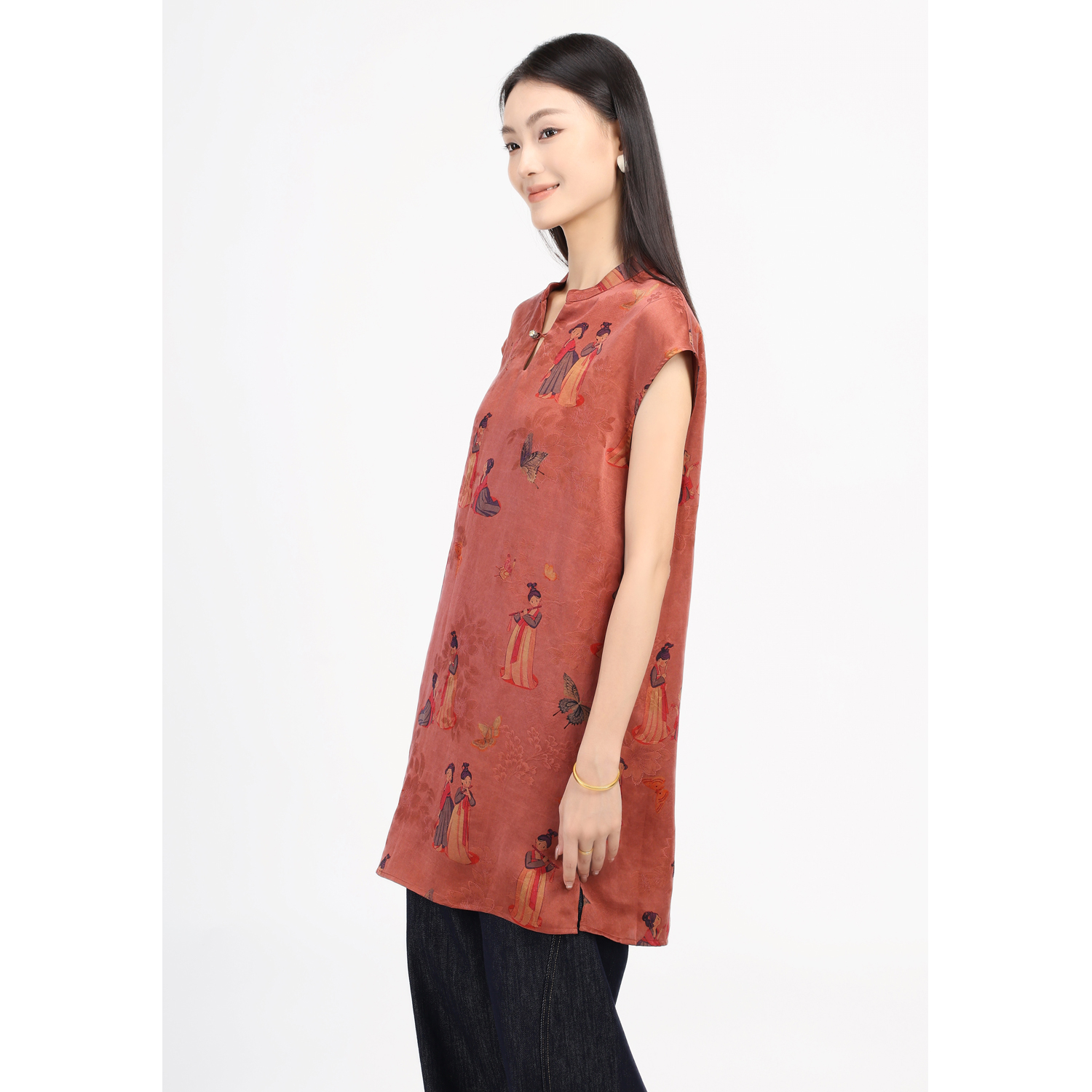 JINYU矜羽【风雅来客-栖心】朱红小人桑蚕丝红云纱长款马甲女 - 图3