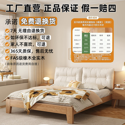 床实木床现代简约主卧1.8m软包床1.5m单人床架橡木全实木床双人床 - 图3