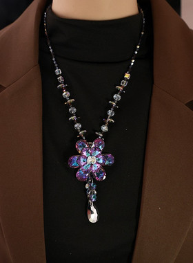 2025新款海棠花水晶流苏毛衣链潮