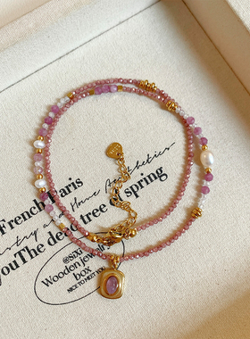 粉色水晶珍珠串珠吊坠项链女款2026新款高级感轻奢小众锁骨链颈链