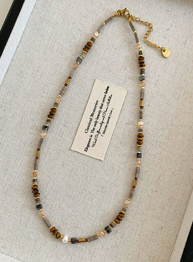 美拉德风复古小众天然石虎眼石串珠项链女轻奢小众气质锁骨链配饰