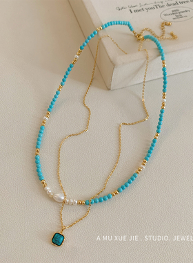 天然淡水珍珠绿松石吊坠项链配饰女夏2026新款高级感叠戴锁骨颈链