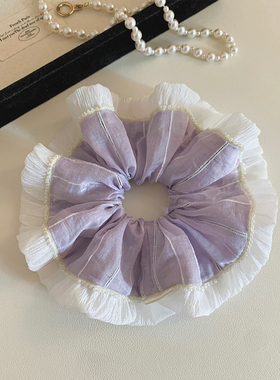 韩系甜美紫色条纹布艺大肠发圈女白纱荷叶边温柔通勤风扎头发发绳