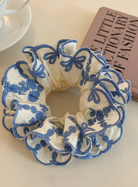蓝色蝴蝶结花朵刺绣双层大肠发圈女韩系扎头发丸子头发绳头绳发饰