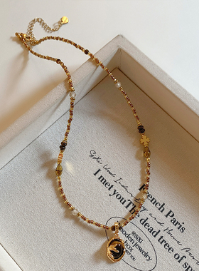 小众设计感串珠虎眼石吊坠项链女高级感轻奢锁骨链毛衣链颈链配饰