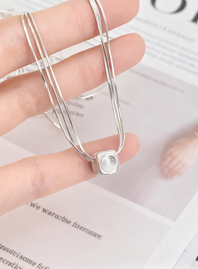 S925纯银拉丝方形吊坠蛇骨项链