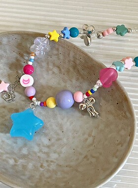 多巴胺网红风少女爱心彩色串珠星星项链女小众设计高级感夏季新款