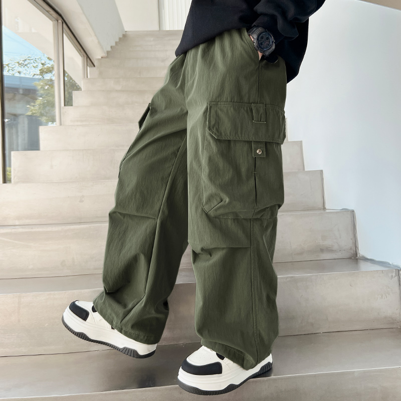 儿童运动春秋新款季工装黑色男童裤子休闲胖孩薄阔腿中大童夏防蚊 - 图0