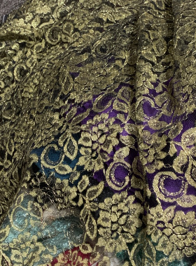 高端定制品牌订单进口立体感金线蕾丝刺绣面料旗袍礼服连衣裙布料