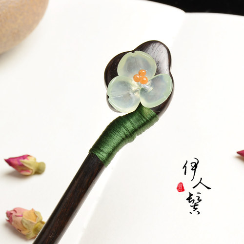 岫玉发簪 古典天然玉簪子 发钗旗袍古装黑檀木头饰 中国风饰品 - 图0