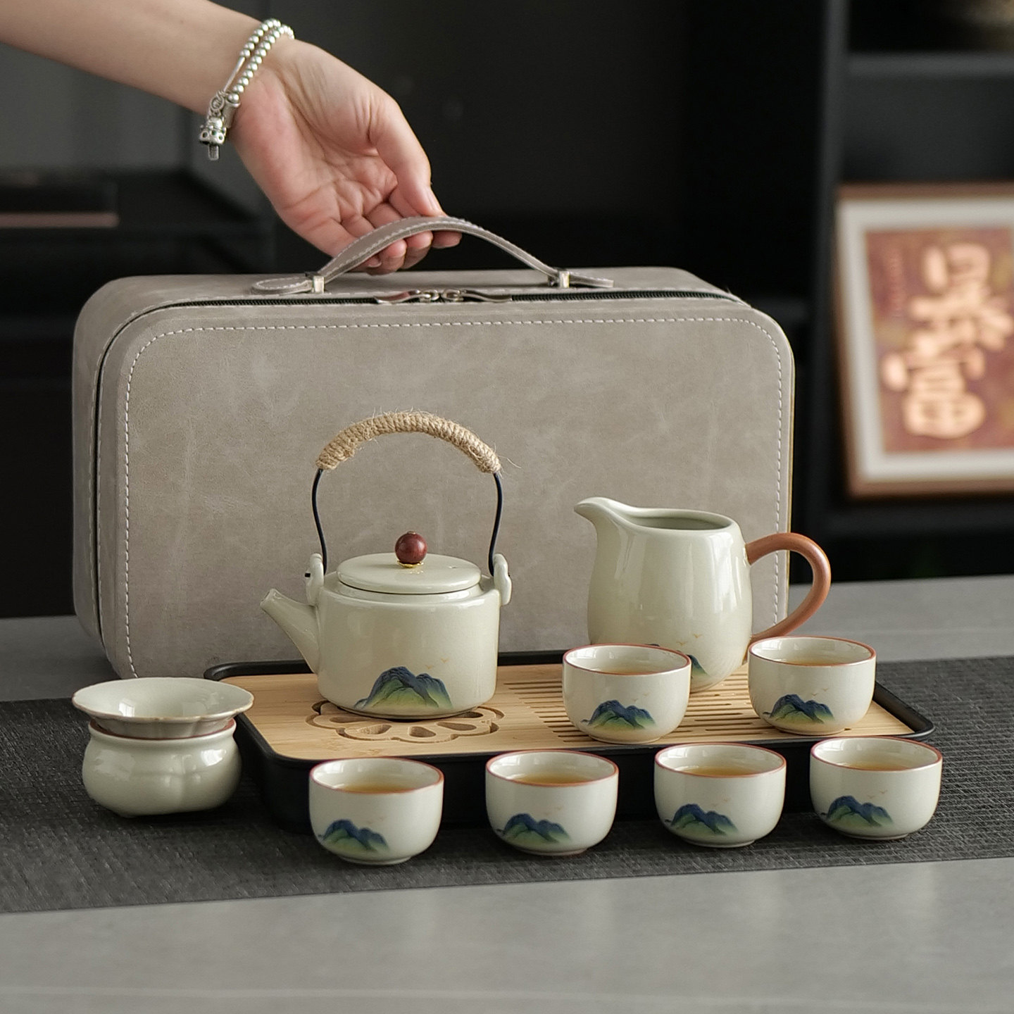 汝窑整套旅行茶具套装家用户外一壶六杯车载便携式功夫茶盘茶杯壶,淘宝优惠券,粉丝福利购,淘宝优惠卷