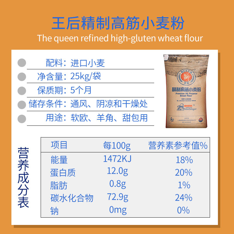 【新货】王后低筋高筋面粉25kg全麦面包蛋糕吐司柔风糕点粉 - 图0