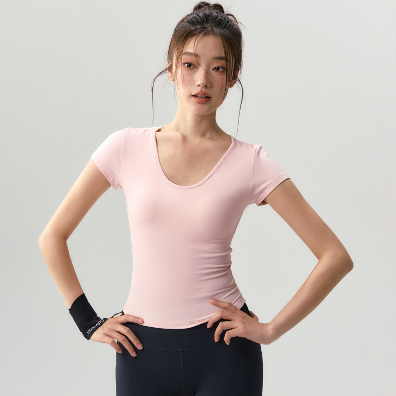 瑜伽服短袖女紧身粉色速干修身跑步运动t恤普拉提训练服健身上衣