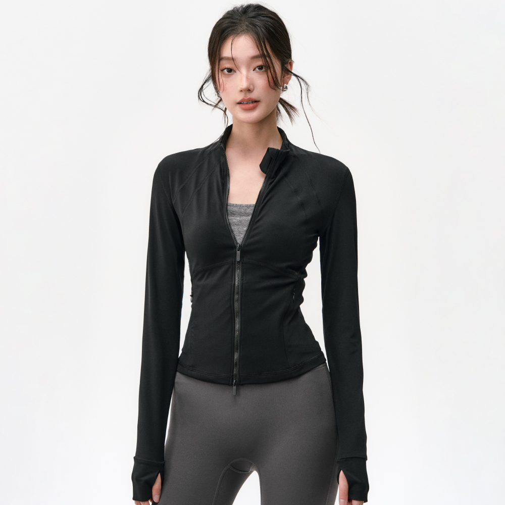 运动外套女高弹收腰瑜伽服跑步健身普拉提训练服套装骑行服上衣 - 图1