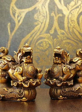 纯铜貔貅摆件一对黄铜皮丘