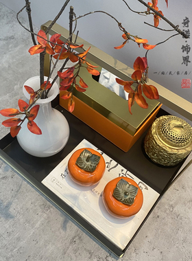 新中式风组合橘色香炉书桌纸巾盒
