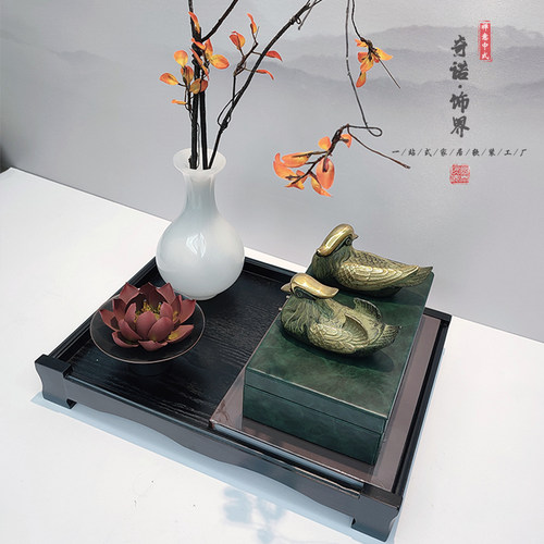 客厅茶几摆件铜鸳鸯香炉印章流苏新中式样板房间茶室软装托盘组合 - 图2
