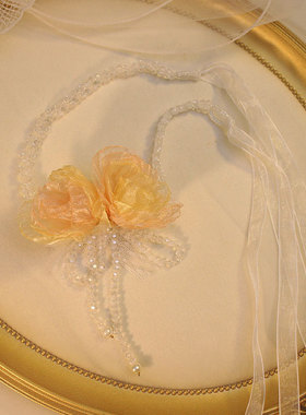 超仙水晶串珠粉色花朵项链珍珠轻奢锁骨链高级感夸张婚纱脖子配饰