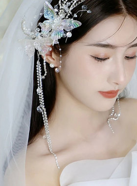 新款仙美蝴蝶水晶流苏发夹新娘结婚礼服边夹发饰婚礼跟妆造型对夹