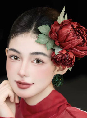 新中式红色仿真花发夹新娘结婚敬酒服头饰晚礼旗袍百搭侧边发饰品
