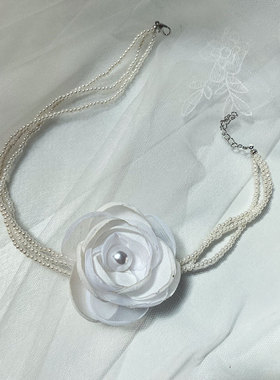 韩国布艺花朵珍珠多层项链女轻奢高级感锁骨链项圈颈带颈链