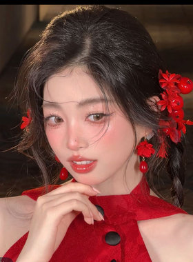 复古中国风红色花朵发夹森系仿真花发饰高级感敬酒服新娘结婚头饰
