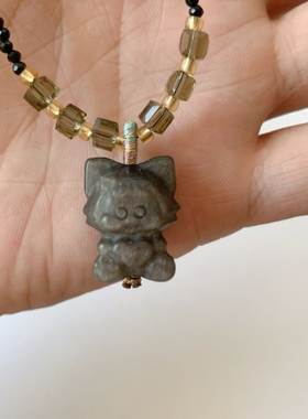 天然银曜石狐狸吊坠黒尖晶锁骨链女抱心狐狸项链时尚简约清新饰品