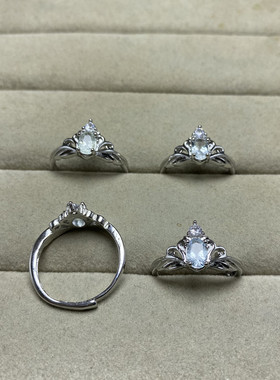 天然海蓝宝戒指女白铜可调节