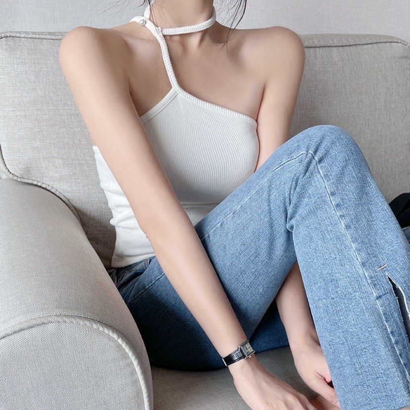 韩国东大门女装2022夏季新款性感细带设计斜挂脖修身露背吊带上衣