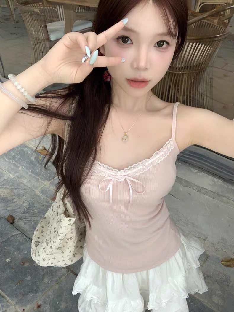 纯欲吊带背心女蕾丝拼接蝴蝶结短款内搭修身打底外穿夏显瘦上衣潮,淘宝优惠券,粉丝福利购,淘宝优惠卷