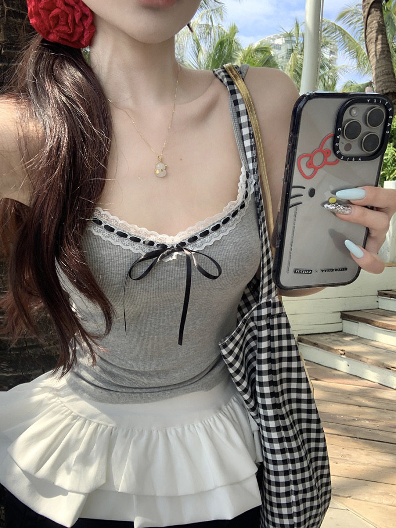 纯欲吊带背心女蕾丝拼接蝴蝶结短款内搭修身打底外穿夏显瘦上衣潮,淘宝优惠券,粉丝福利购,淘宝优惠卷