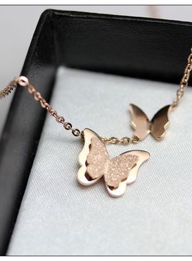 韩国玫瑰金色磨砂蝴蝶短款锁骨链