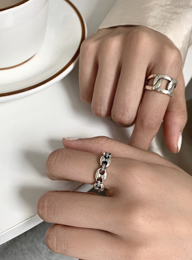 韩国东大门猪鼻子新款小众S925纯银开口复古做旧时尚戒指指环情侣